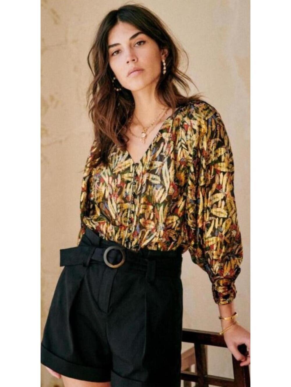 NWOT SEZANE Silk Metallic Printed Erica Blouse FR 36 US small